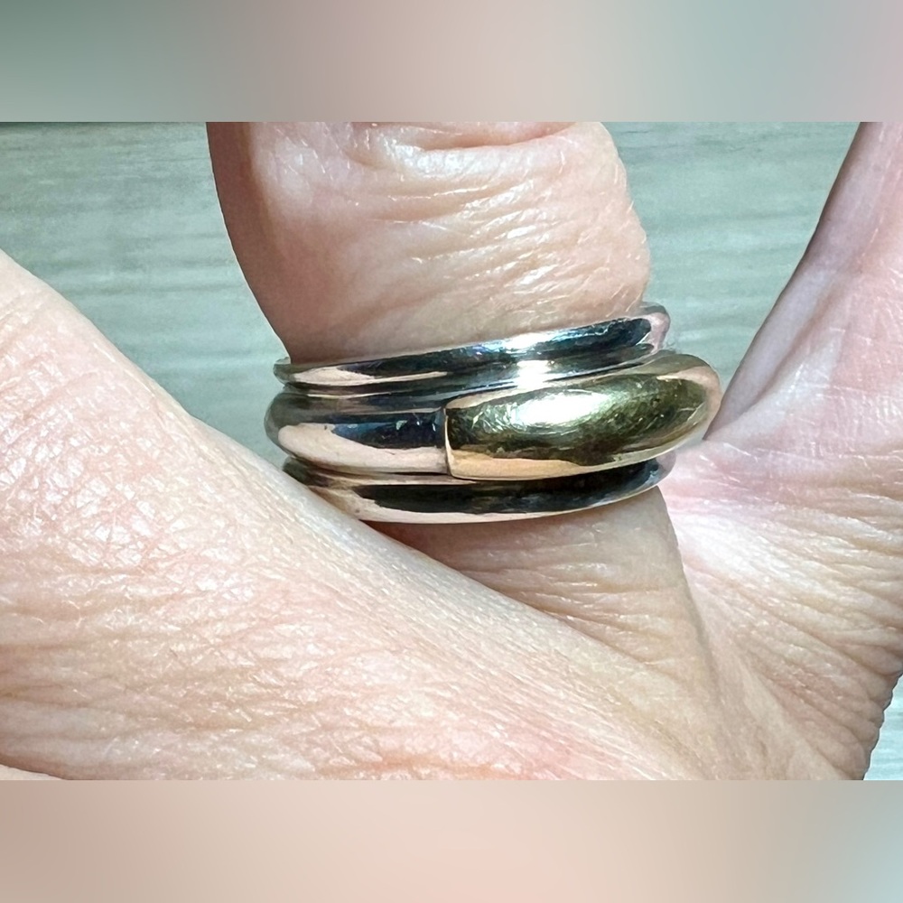 Vintage Designer Ilias Lalaounis Sterling Silver & 14K Gold Band Ring, Size 6.5 - Picture 10 of 11